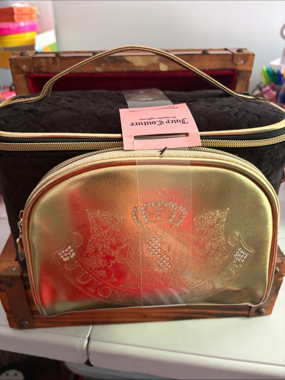 Juicy Couture Metallic Gold Embossed Cosmetic Case Set